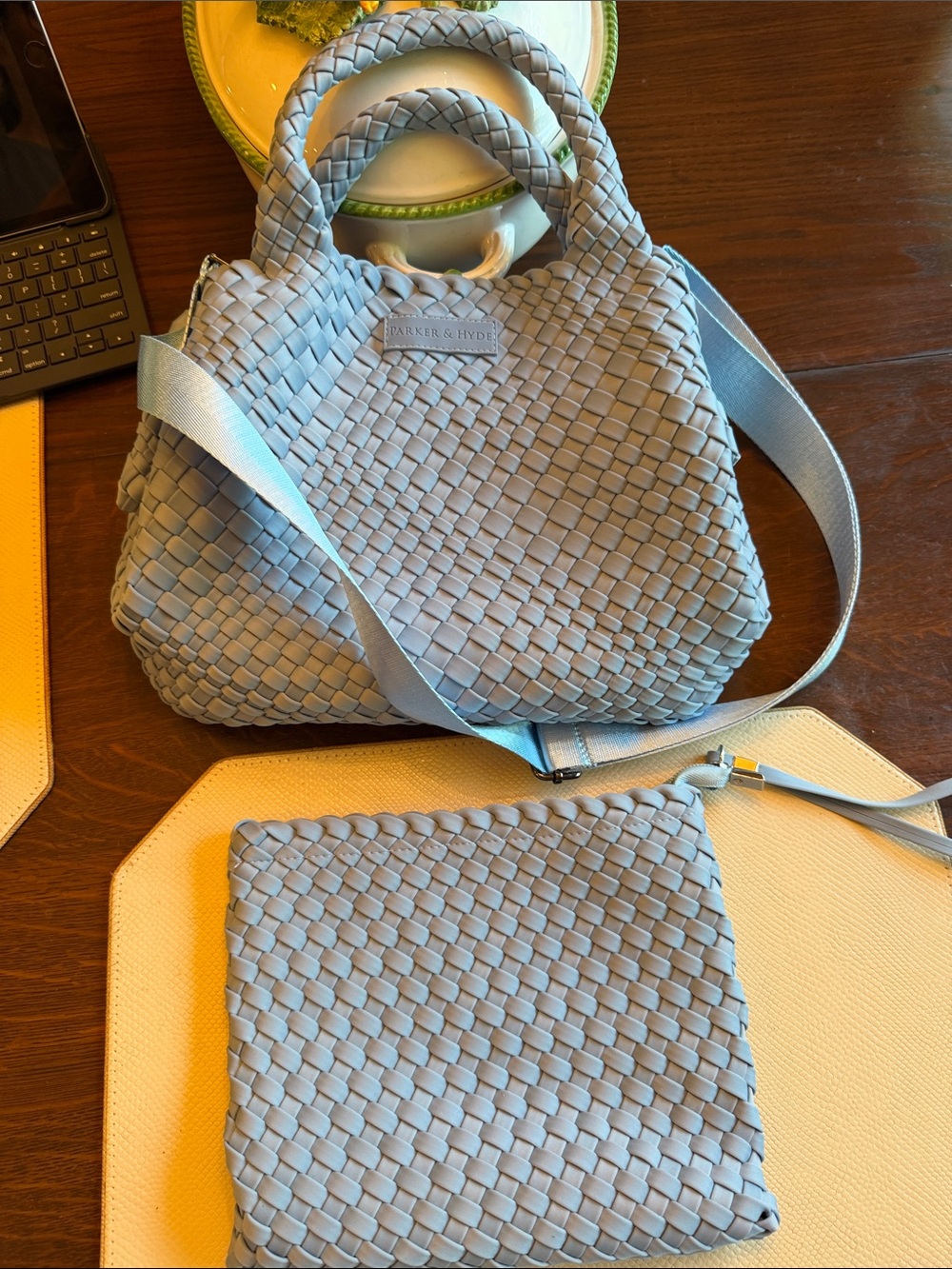 Parker &Hyde Light Blue Woven  Tote with Crossbody Strap